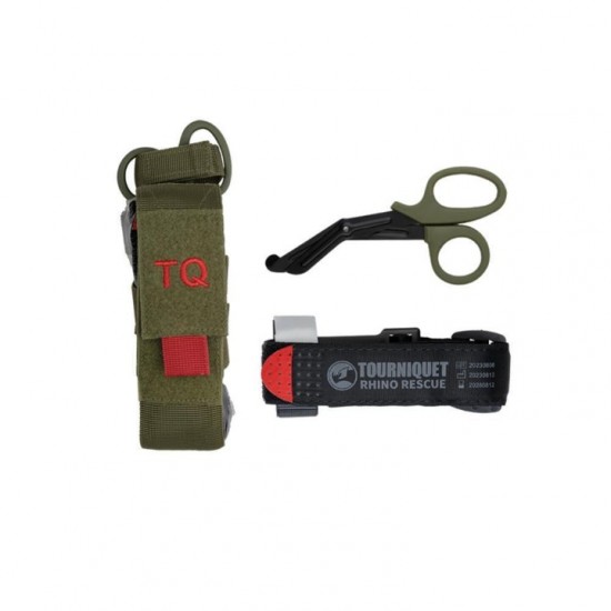 Tourniquet & First Aid Scissors MOLLE Pouch - Rhino Rescue (160274) Operational MOLLE tourniquet (hemostatic strap) pouch with first aid scissors from Rhino Rescue. Made from durable 700D polyester with PU coating for immediate access and maximum durability