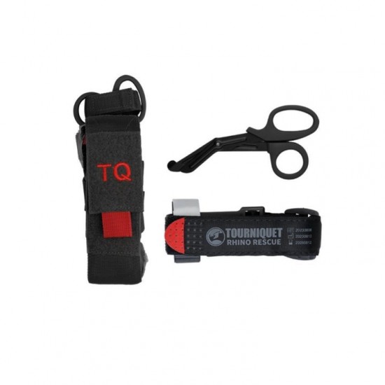 Tourniquet & First Aid Scissors MOLLE Pouch - Rhino Rescue (160274) Operational MOLLE tourniquet (hemostatic strap) pouch with first aid scissors from Rhino Rescue. Made from durable 700D polyester with PU coating for immediate access and maximum durability