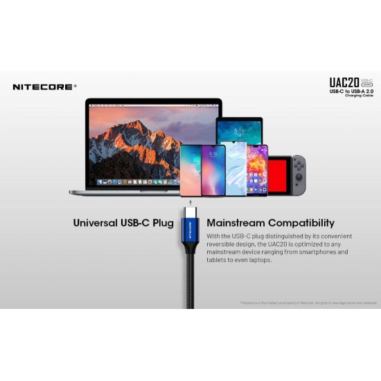 Καλώδιο Φόρτισης & Δεδομένων Nitecore UAC20 USB-C σε USB-A 3A Ανθεκτικό καλώδιο Nitecore UAC20 USB-C σε USB-A (9060100848). Ταχεία φόρτιση 3A (QC & FCP), μεταφορά δεδομένων 480Mbps, νάιλον πλέξη & επιχρυσωμένες επαφές