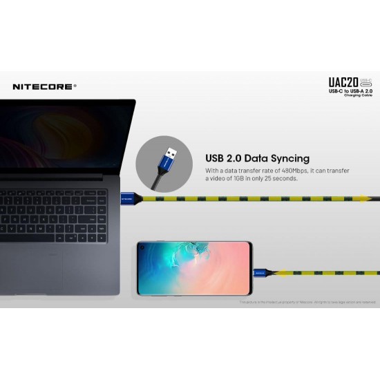 Καλώδιο Φόρτισης & Δεδομένων Nitecore UAC20 USB-C σε USB-A 3A Ανθεκτικό καλώδιο Nitecore UAC20 USB-C σε USB-A (9060100848). Ταχεία φόρτιση 3A (QC & FCP), μεταφορά δεδομένων 480Mbps, νάιλον πλέξη & επιχρυσωμένες επαφές