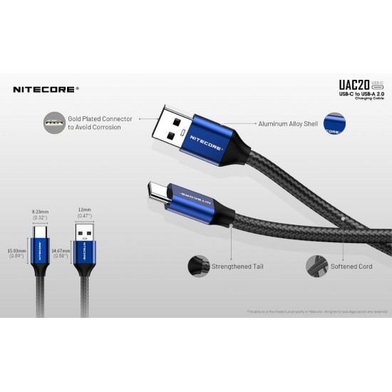 Καλώδιο Φόρτισης & Δεδομένων Nitecore UAC20 USB-C σε USB-A 3A Ανθεκτικό καλώδιο Nitecore UAC20 USB-C σε USB-A (9060100848). Ταχεία φόρτιση 3A (QC & FCP), μεταφορά δεδομένων 480Mbps, νάιλον πλέξη & επιχρυσωμένες επαφές
