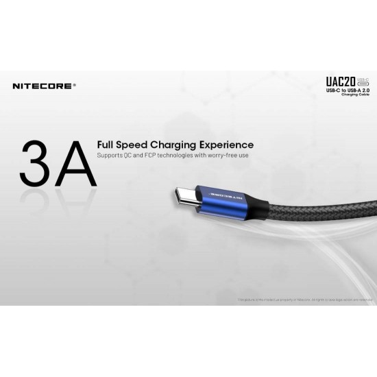 Καλώδιο Φόρτισης & Δεδομένων Nitecore UAC20 USB-C σε USB-A 3A Ανθεκτικό καλώδιο Nitecore UAC20 USB-C σε USB-A (9060100848). Ταχεία φόρτιση 3A (QC & FCP), μεταφορά δεδομένων 480Mbps, νάιλον πλέξη & επιχρυσωμένες επαφές