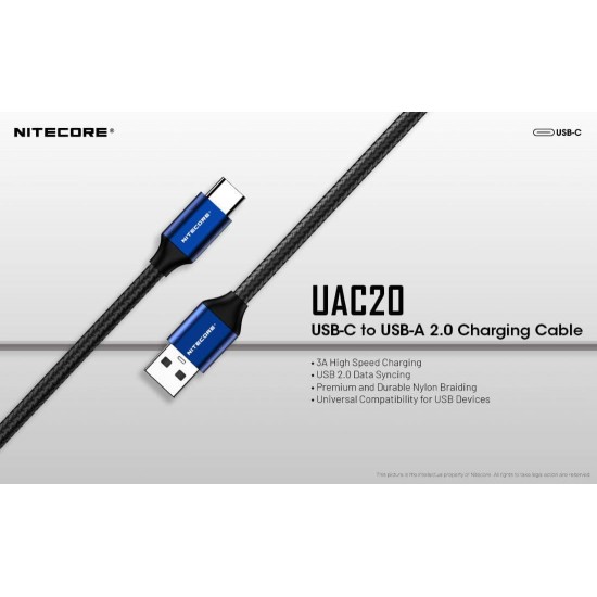 Καλώδιο Φόρτισης & Δεδομένων Nitecore UAC20 USB-C σε USB-A 3A Ανθεκτικό καλώδιο Nitecore UAC20 USB-C σε USB-A (9060100848). Ταχεία φόρτιση 3A (QC & FCP), μεταφορά δεδομένων 480Mbps, νάιλον πλέξη & επιχρυσωμένες επαφές