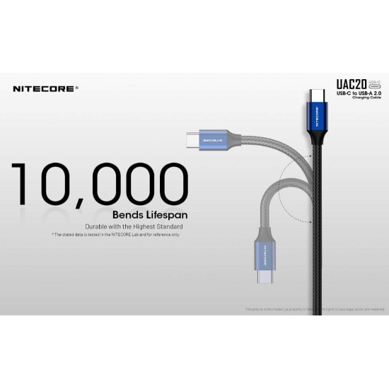 Καλώδιο Φόρτισης & Δεδομένων Nitecore UAC20 USB-C σε USB-A 3A Ανθεκτικό καλώδιο Nitecore UAC20 USB-C σε USB-A (9060100848). Ταχεία φόρτιση 3A (QC & FCP), μεταφορά δεδομένων 480Mbps, νάιλον πλέξη & επιχρυσωμένες επαφές