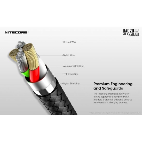 Καλώδιο Φόρτισης & Δεδομένων Nitecore UAC20 USB-C σε USB-A 3A Ανθεκτικό καλώδιο Nitecore UAC20 USB-C σε USB-A (9060100848). Ταχεία φόρτιση 3A (QC & FCP), μεταφορά δεδομένων 480Mbps, νάιλον πλέξη & επιχρυσωμένες επαφές