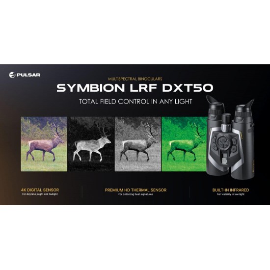 Thermal Imaging & Night Vision Multispectral Binoculars - Pulsar Symbion LRF DXT50 Pulsar Symbion LRF DXT50 – Professional magnesium multispectral 3-in-1 binoculars with a 1280x1024 thermal sensor, 4K digital sensor, 1500m laser rangefinder, and ballistic calculator