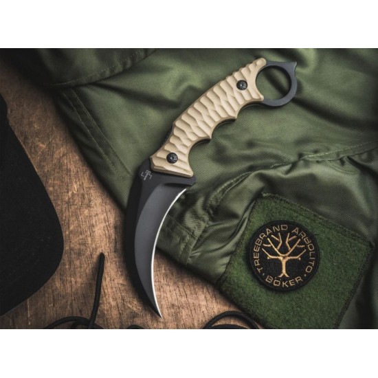 Μαχαίρι με θήκη Kydex - Boker Plus Spike Karambit Μαχαίρι σταθερής λεπίδας Boker Plus Spike Karambit (02BP0010). Λεπίδα 440A 10.2cm πάχους 5mm, full tang, λαβή G10 Khaki, δαχτυλίδι με spike & θήκη Kydex