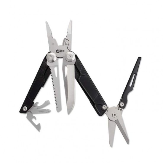 Πολυεργαλείο K25 - 7 Tools με Ψαλίδι 11149 Επιχειρησιακό πολυεργαλείο K25 11149 με 7 λειτουργίες & ενισχυμένο ψαλίδι. Ατσάλι 3Cr13MoV, satin φινίρισμα, λαβή αλουμινίου & θήκη νάιλον