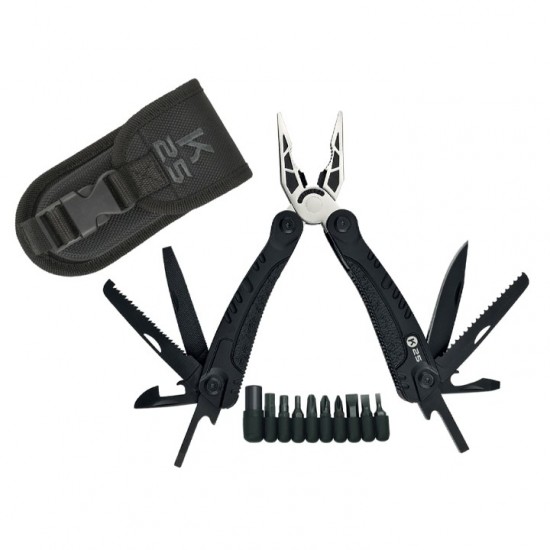 Πολυεργαλείο K25 - 20 Tools Black 33759 Επιχειρησιακό πολυεργαλείο K25 33759 με 20 λειτουργίες, ατσάλι 7Cr17MoV, αντιολισθητική λαβή καουτσούκ, 10 μύτες κατσαβιδιού & θήκη Cordura