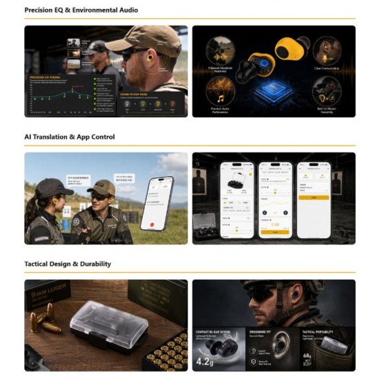 Electronic Bluetooth Earplugs EARMOR M23T-AI Revolutionary EARMOR M23T-AI electronic earplugs with Bluetooth 6.0, AI translation, NRR 25dB / SNR 31dB, and noise suppression in less than 1ms