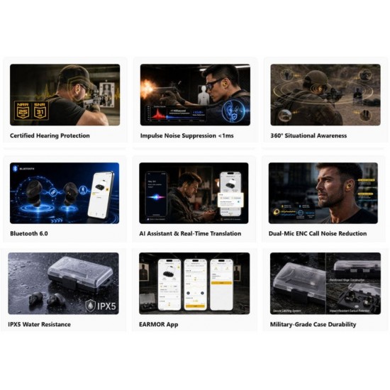 Electronic Bluetooth Earplugs EARMOR M23T-AI Revolutionary EARMOR M23T-AI electronic earplugs with Bluetooth 6.0, AI translation, NRR 25dB / SNR 31dB, and noise suppression in less than 1ms