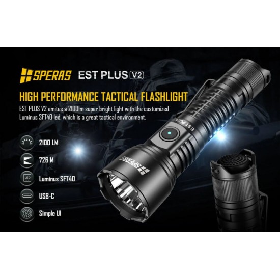 Φακός LED Εστιασμένης Δέσμης - Speras SP-EST-PLUS 2100lm Speras SP-EST-PLUS Επαναφορτιζόμενος Φακός 2100 Lumens Αλουμινένιος με LED Luminus SFT40 2.0, Ακτίνα 726m, Διπλό Διακόπτη Τακτικής Χρήσης & Προστασία IP68