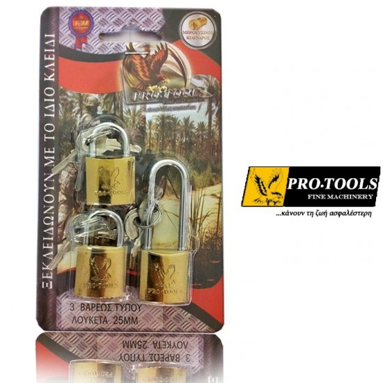 Pro-Tools 25mm Security Padlock Set –(1 long shackle + 2 short)