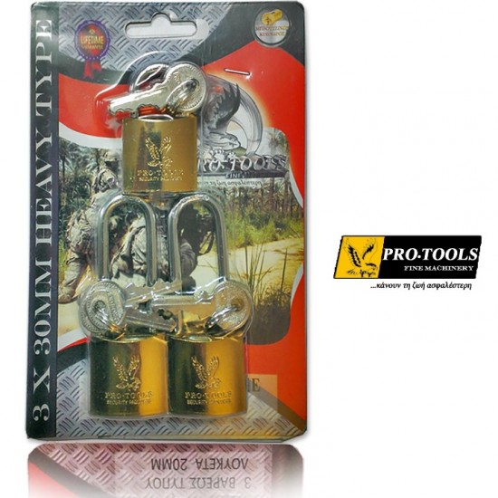Pro-Tools 30mm Padlock Set (3 pcs) - Keyed Alike - 30T3 Military Grade