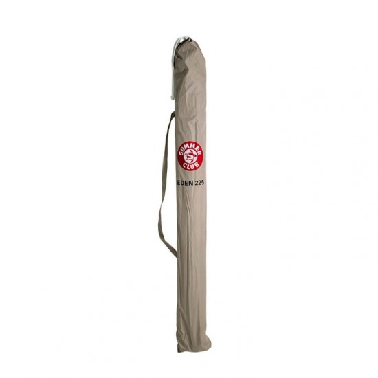Folding Beach Umbrella with UV Protection – Summer Club Eden 225 (2.25m) Eden Beach Umbrella with a 225cm diameter, aluminum pole, 10 fiberglass ribs, tilt mechanism, large wind vent, and UV+50 sun protection.