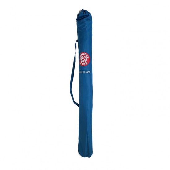Folding Beach Umbrella with UV Protection – Summer Club Eden 225 (2.25m) Eden Beach Umbrella with a 225cm diameter, aluminum pole, 10 fiberglass ribs, tilt mechanism, large wind vent, and UV+50 sun protection.