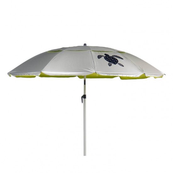 Folding Beach Umbrella with UV Protection – Summer Club Eden 225 (2.25m) Eden Beach Umbrella with a 225cm diameter, aluminum pole, 10 fiberglass ribs, tilt mechanism, large wind vent, and UV+50 sun protection.