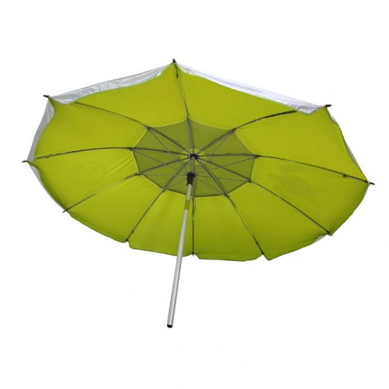 Folding Beach Umbrella with UV Protection – Summer Club Eden 225 (2.25m) Eden Beach Umbrella with a 225cm diameter, aluminum pole, 10 fiberglass ribs, tilt mechanism, large wind vent, and UV+50 sun protection.