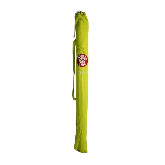 Folding Beach Umbrella with UV Protection – Summer Club Eden 225 (2.25m) Eden Beach Umbrella with a 225cm diameter, aluminum pole, 10 fiberglass ribs, tilt mechanism, large wind vent, and UV+50 sun protection.