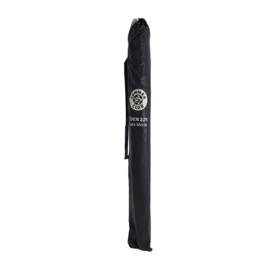 Folding Beach Umbrella with UV Protection – Summer Club Eden 225 (2.25m) Eden Beach Umbrella with a 225cm diameter, aluminum pole, 10 fiberglass ribs, tilt mechanism, large wind vent, and UV+50 sun protection.
