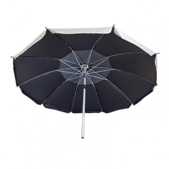 Folding Beach Umbrella with UV Protection – Summer Club Eden 225 (2.25m) Eden Beach Umbrella with a 225cm diameter, aluminum pole, 10 fiberglass ribs, tilt mechanism, large wind vent, and UV+50 sun protection.