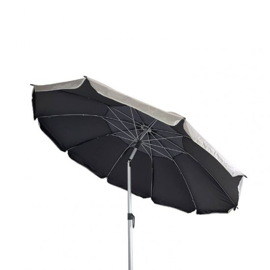 Folding Beach Umbrella with UV Protection – Summer Club Eden 225 (2.25m) Eden Beach Umbrella with a 225cm diameter, aluminum pole, 10 fiberglass ribs, tilt mechanism, large wind vent, and UV+50 sun protection.