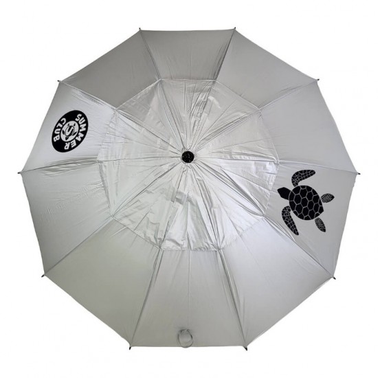 Folding Beach Umbrella with UV Protection – Summer Club Eden 225 (2.25m) Eden Beach Umbrella with a 225cm diameter, aluminum pole, 10 fiberglass ribs, tilt mechanism, large wind vent, and UV+50 sun protection.