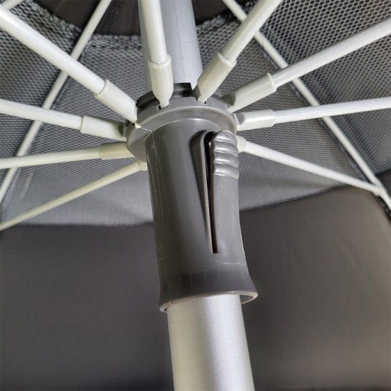 Folding Beach Umbrella with UV Protection – Summer Club Eden 225 (2.25m) Eden Beach Umbrella with a 225cm diameter, aluminum pole, 10 fiberglass ribs, tilt mechanism, large wind vent, and UV+50 sun protection.