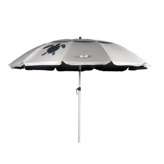 Folding Beach Umbrella with UV Protection – Summer Club Eden 225 (2.25m) Eden Beach Umbrella with a 225cm diameter, aluminum pole, 10 fiberglass ribs, tilt mechanism, large wind vent, and UV+50 sun protection.