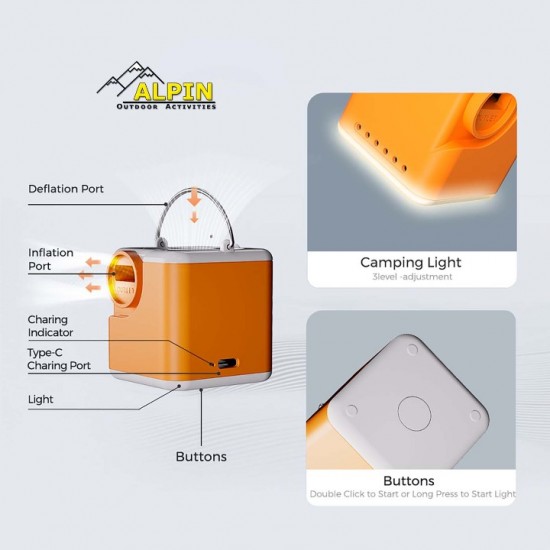 Alpin Outdoor NANO 5 Mini Air Pump 1200mAh Rechargeable & Camping Lantern Rechargeable Air Pump 4kPa & 250LM Lantern – Alpin Outdoor NANO 5 – 5C1