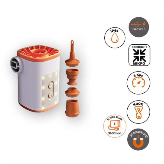 Rechargeable Air Pump Air 5 Pro with Powerbank 5kPa 3600mAh & Camping Lantern Rechargeable compact Air 5 Pro 5kPa air pump with 3600mAh Powerbank function & 200LM camping flashlight. Ideal for mattresses, inflatables & travel