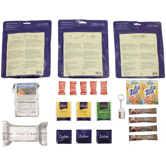 MFH Trek ’n Eat Day Ration Pack Type II 40405B για 1 άτομο και 1 ημέρα. Περιλαμβάνει γεύματα, μούσλι, μπισκότα, ροφήματα και τροφή επιβίωσης NRG-5, σε αδιάβροχη επανακλειόμενη τσάντα.
