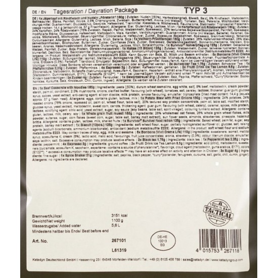 Ημερήσιο Πακέτο Τροφίμων Επιβίωσης - MFH Trek ’n Eat Day Ration Pack Type III - 40405C MFH Trek ’n Eat Day Ration Pack Type III 40405C Πακέτο Τροφίμων Επιβίωσης για 1 άτομο και 1 ημέρα. Περιλαμβάνει γεύματα, μούσλι, μπισκότα, ροφήματα και τροφή επιβίωσης NRG-5, σε αδιάβροχη επανακλειόμενη τσάντα
