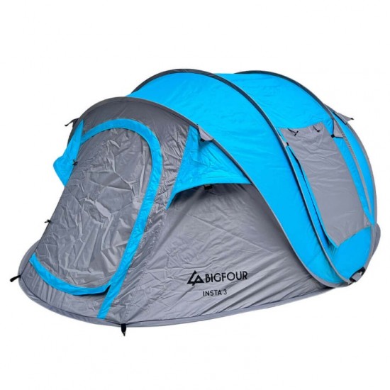 Automatic Pop-Up Tent for 3 People - Bigfour Insta 280x200x120cm Bigfour Insta 280x200x120cm - Quick Setup Tent Made from 150D Oxford Fabric with Silver Coated Finish, 2 Doors & 2 Mosquito-Net Windows
