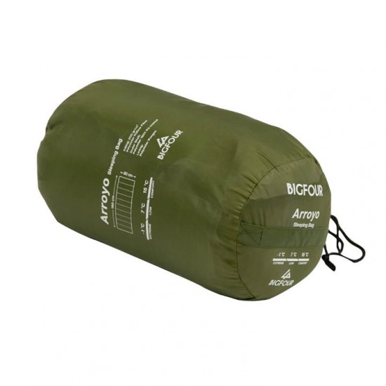 Camping & Outdoor Sleeping Bag – Bigfour Arroyo 190x80cm Bigfour Arroyo Sleeping Bag featuring polyester hollow fiber insulation, durable 190T PU-coated outer shell, and a soft pongee lining, with 200g/m² filling for reliable comfort during camping and outdoor adventures.